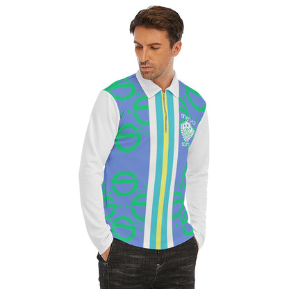 She'va Men's Long Sleeve Zip-Up Polo (Signature Crest /Blu/Grn)