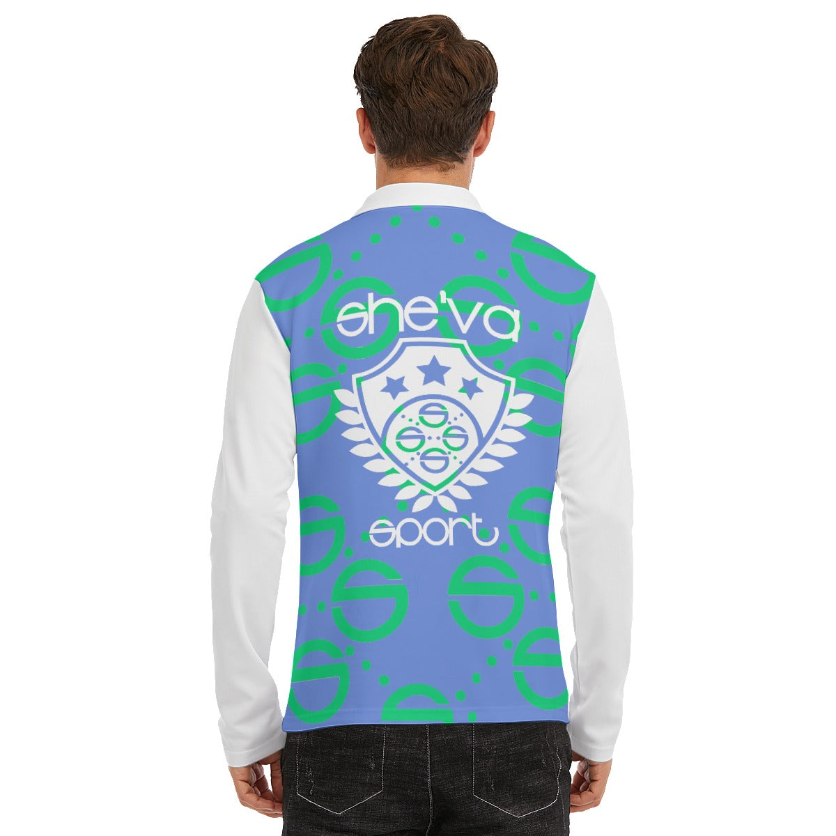 She'va Men's Long Sleeve Zip-Up Polo (Signature Crest /Blu/Grn)