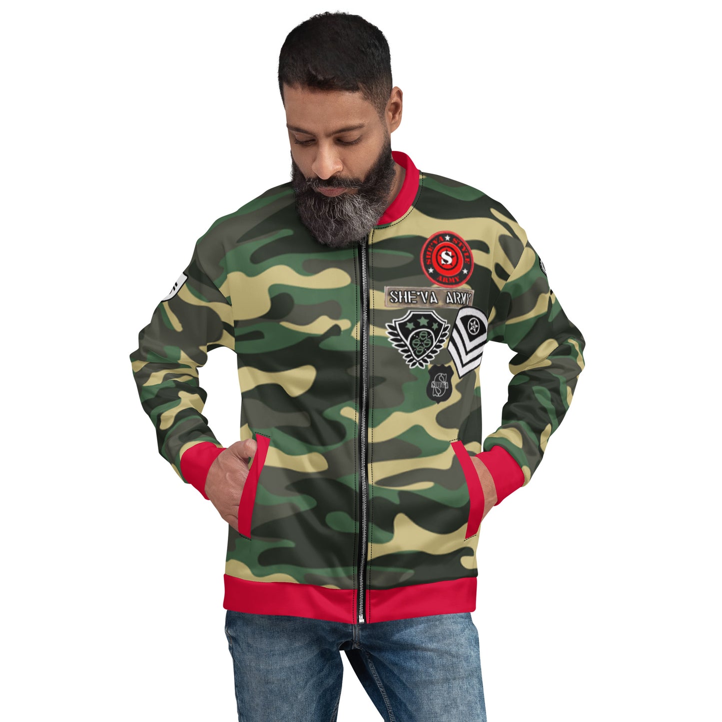 Army Patched Unisex Camo Bomber *Army Green /Red*